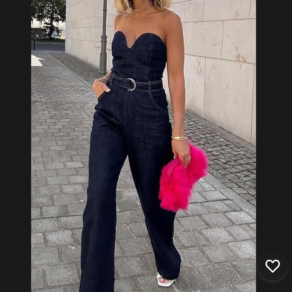 Zara ZW Bustier Denim Sweatheart Jumpsuit Dark Blue Size 14